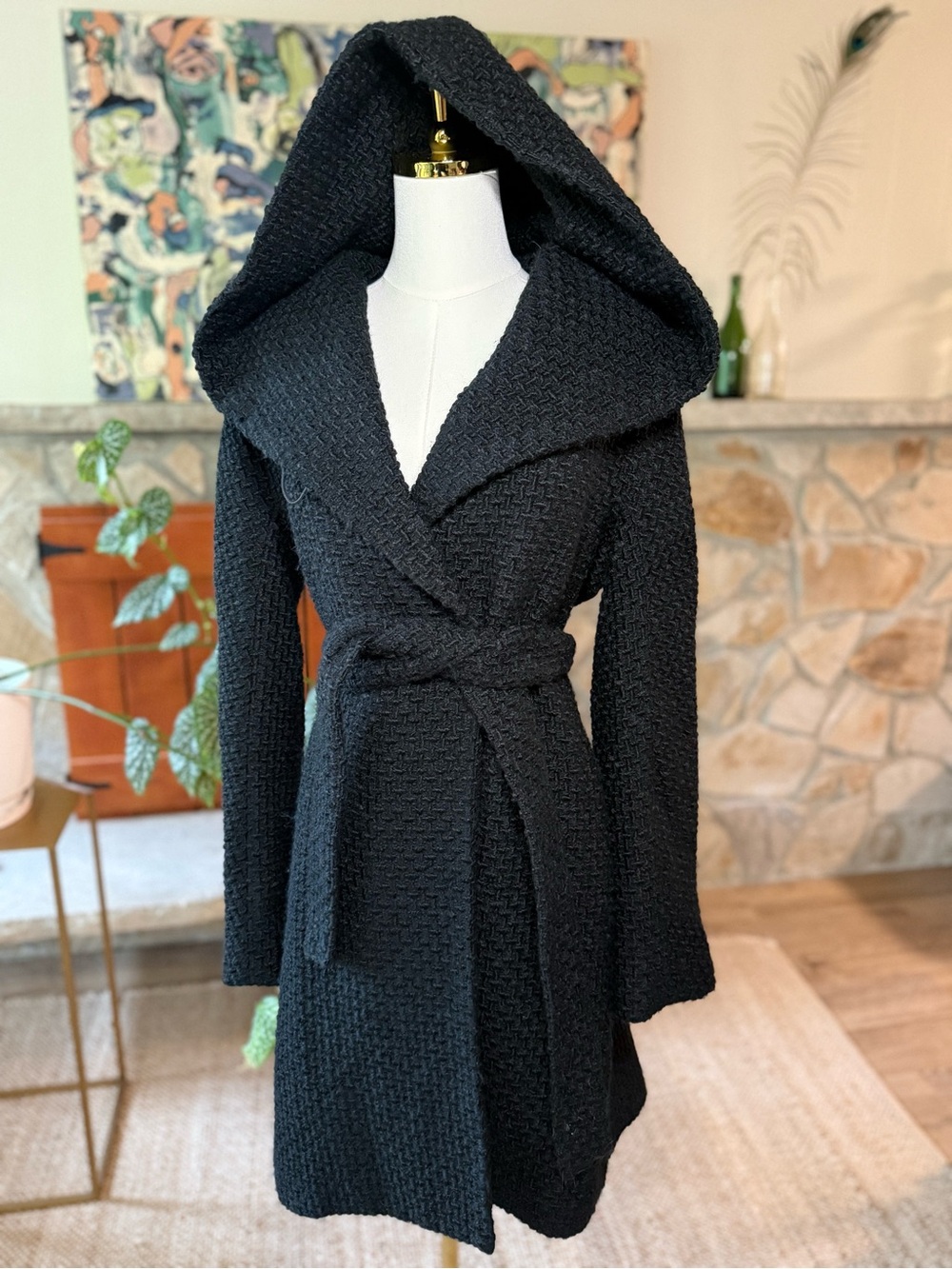 BCBGMaxAzria Black Hooded Coat with Belt Size Medium